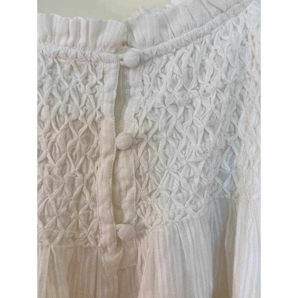 Anthropologie‎ White Smocked Peplum Blouse Square Neck Long Sleeve